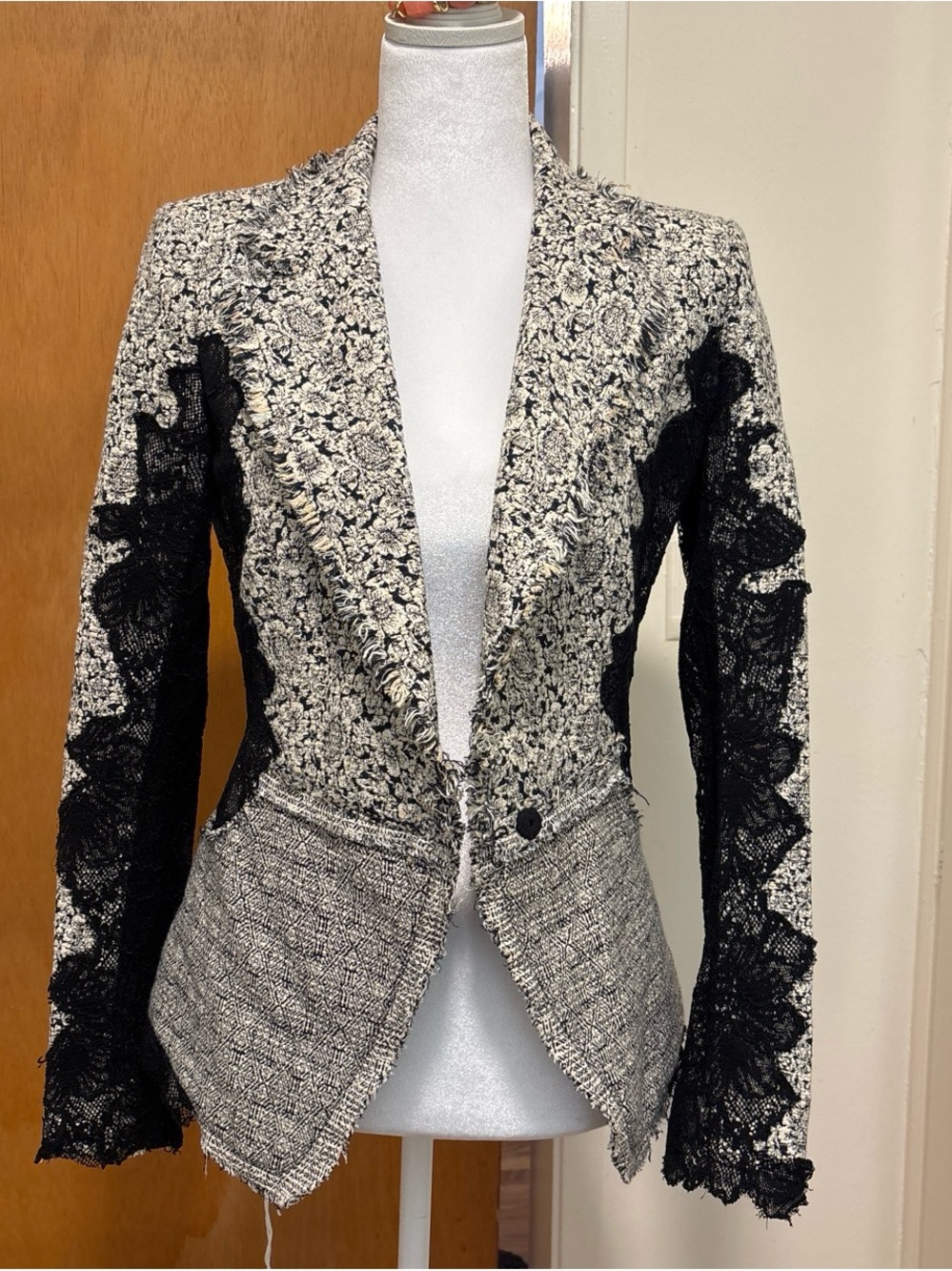 Donna Karan Black and White Tweed Blazer with Lace Sleeves